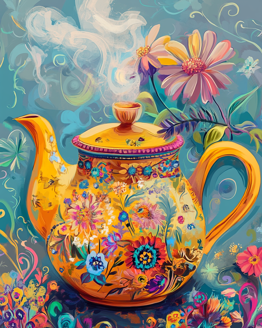 Abstract Flowers and Yellow Teapot Diamond Art Kit