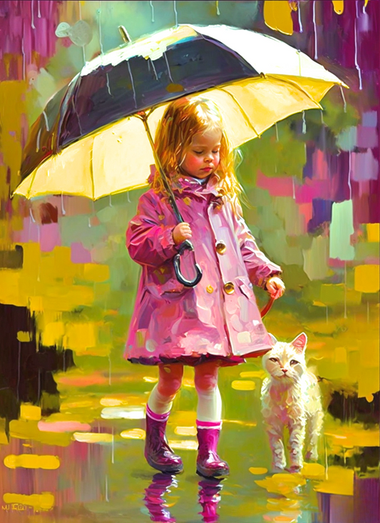 Abstract Girl and Cat in the Rain Diamond Art Kit