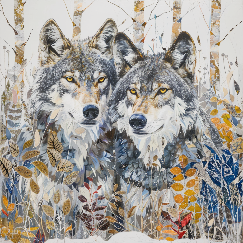 Abstract Gray Wolves and Leaves Diamond Art Kit