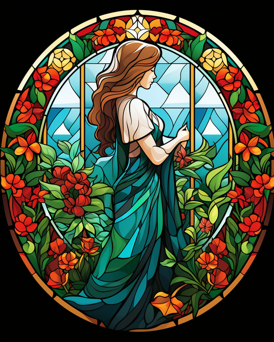 Abstract Green Dress Woman and Flowers Diamond Art Kit