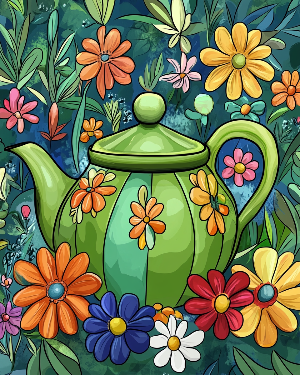 Abstract Green Teapot and Flowers Diamond Art Kit