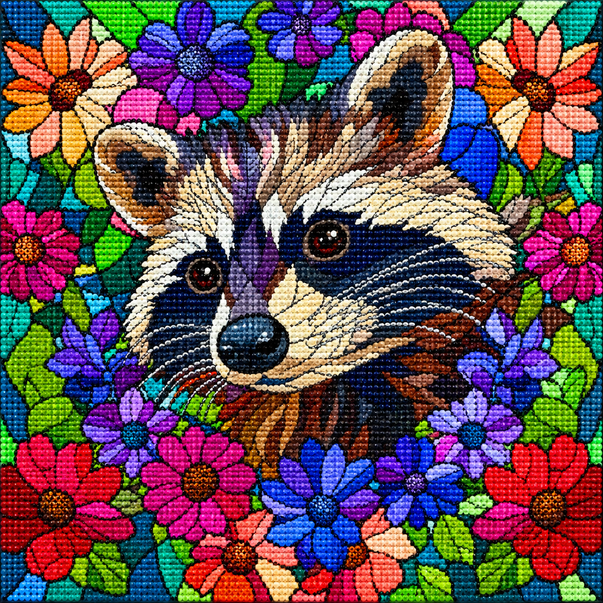 Abstract Raccoon Peeking From Flowers Diamond Art Kit