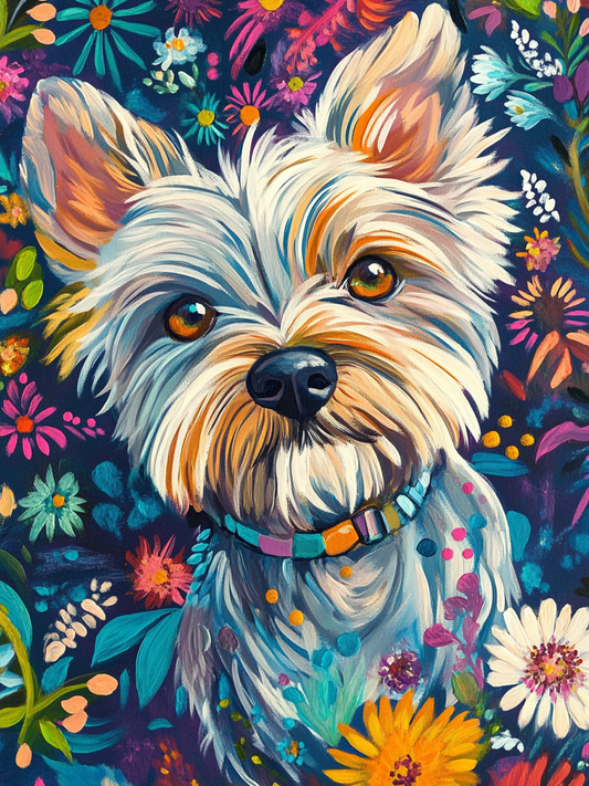Abstract Terrier And Flowers Diamond Art Kit