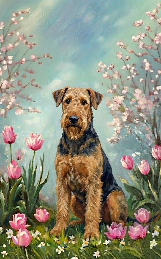Airedale in the Tulips Diamond Art Kit