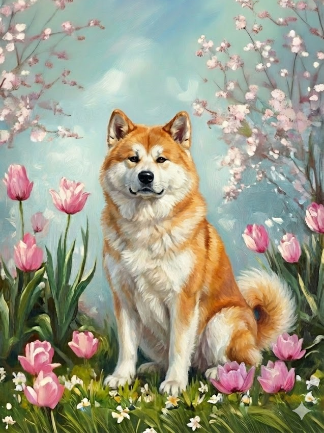 Akita In The Tulips Diamond Art Kit
