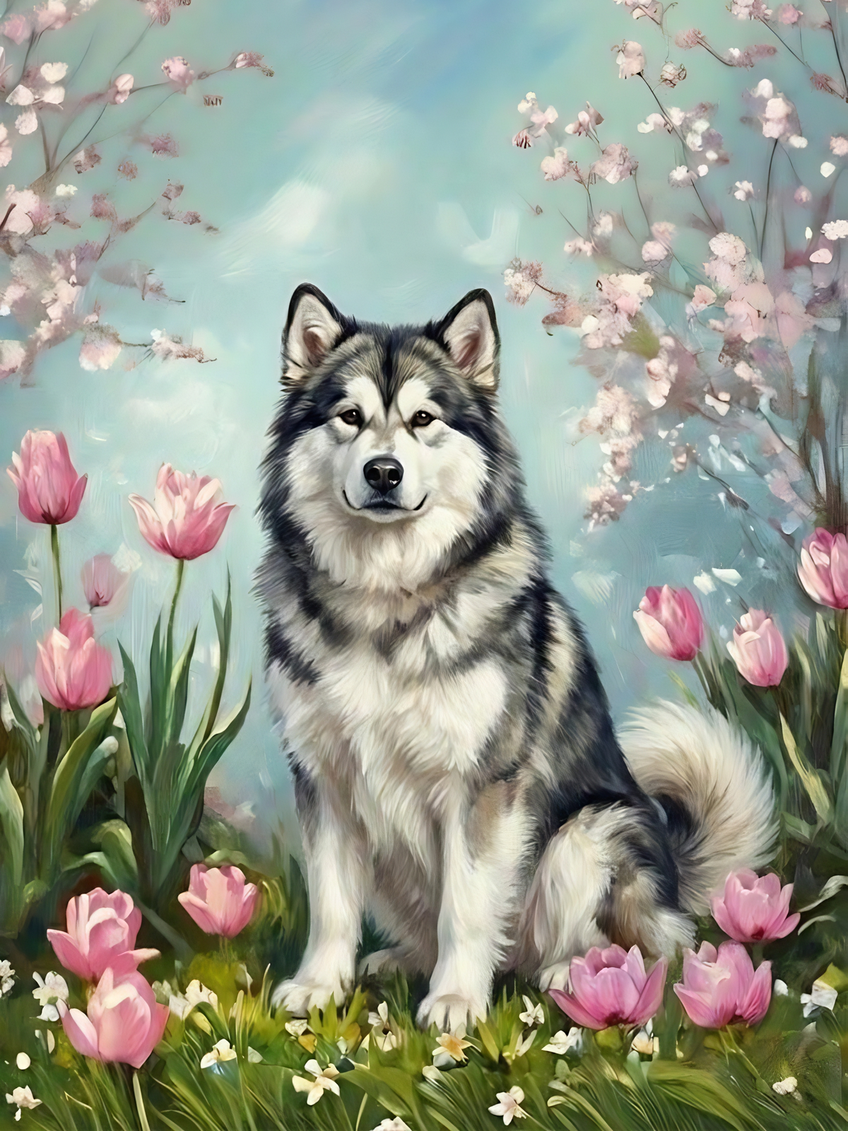 Alaskan Malamute In The Tulips Diamond Art Kit