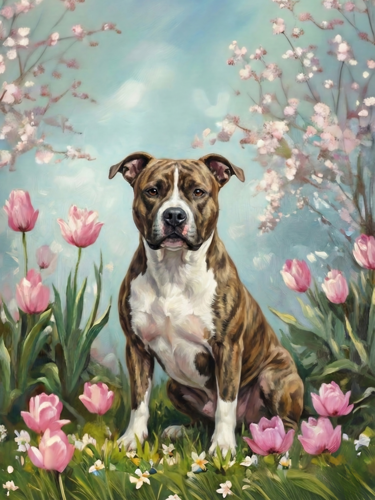 American Pitbull In The Tulips Diamond Art Kit