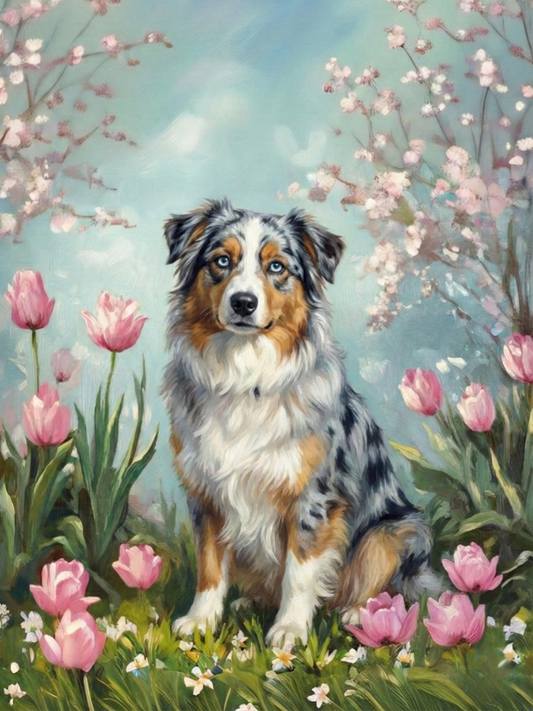 Australian Shepherd in the Tulips Diamond Art Kit