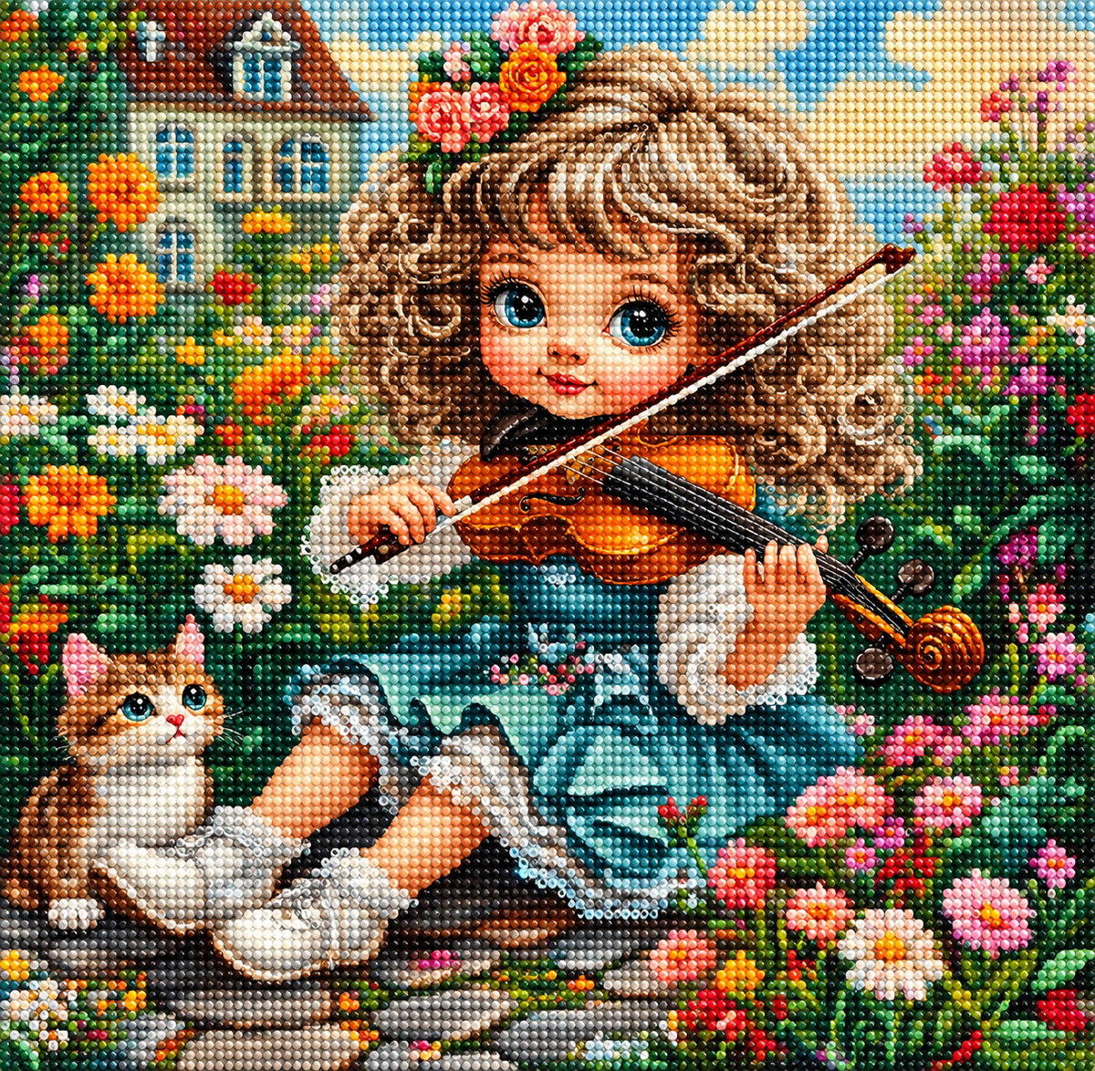 Big Eye Violin Girl And Cat Diamond Art Kit