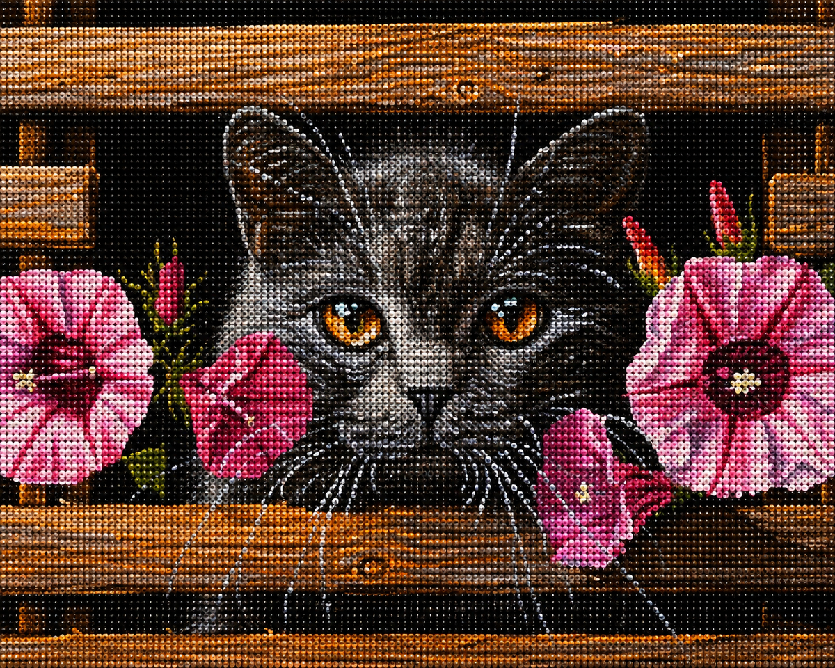 Black Cat In Pink Flowers Diamond Art Kit