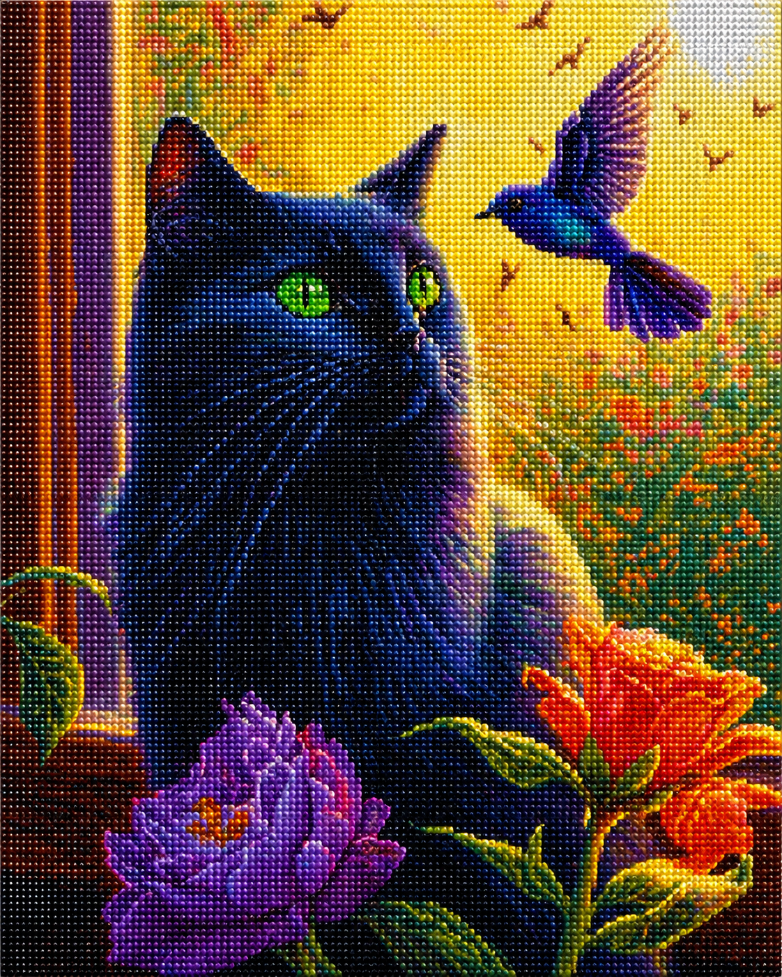 Black Cat Watching A Hummingbird Diamond Art Kit