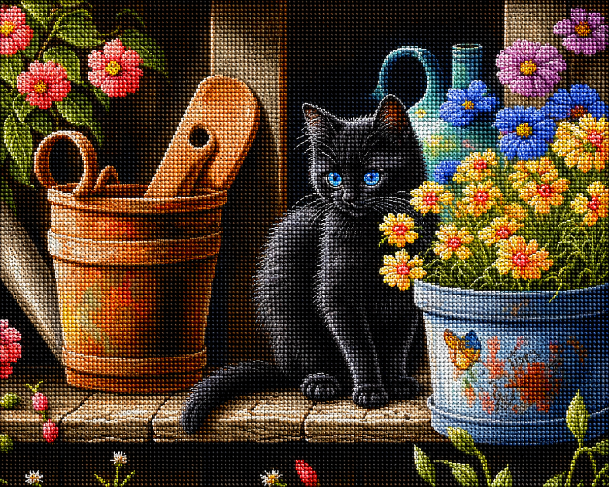 Black Kitten By Flowers Diamond Art Kit — diamond art kit canvas