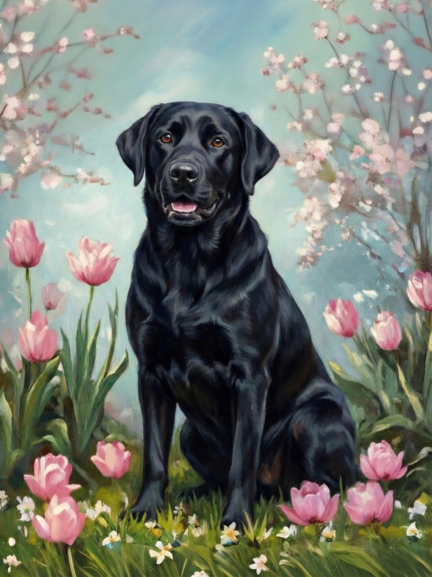 Black Labrador Retriever in Tulips Diamond Art Kit