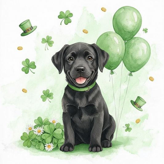 Black Labrador Retriever and Green Balloons Diamond Art Kit