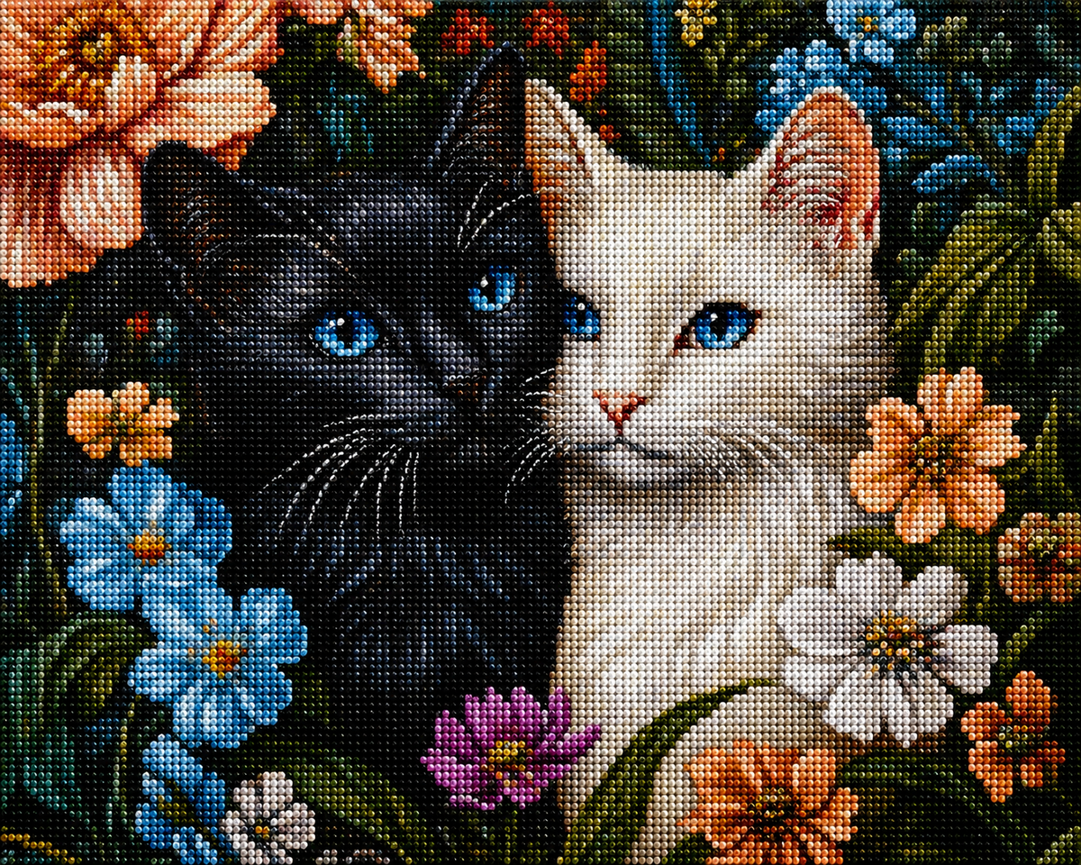 Black And White Cats In Flowers Diamond Art Kit