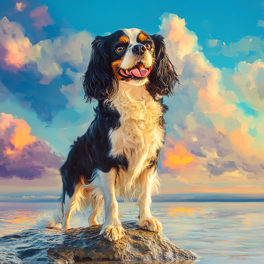 Black and White Cavalier King Charles Spaniel on a Rock Diamond Art Kit