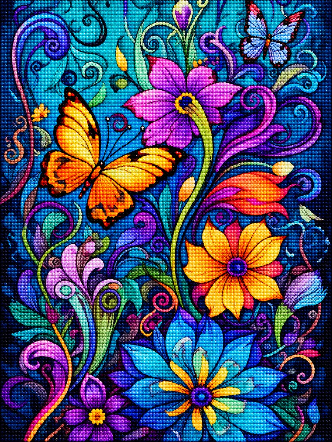Blue Background Abstract Butterflies Flowers Diamond Art Kit