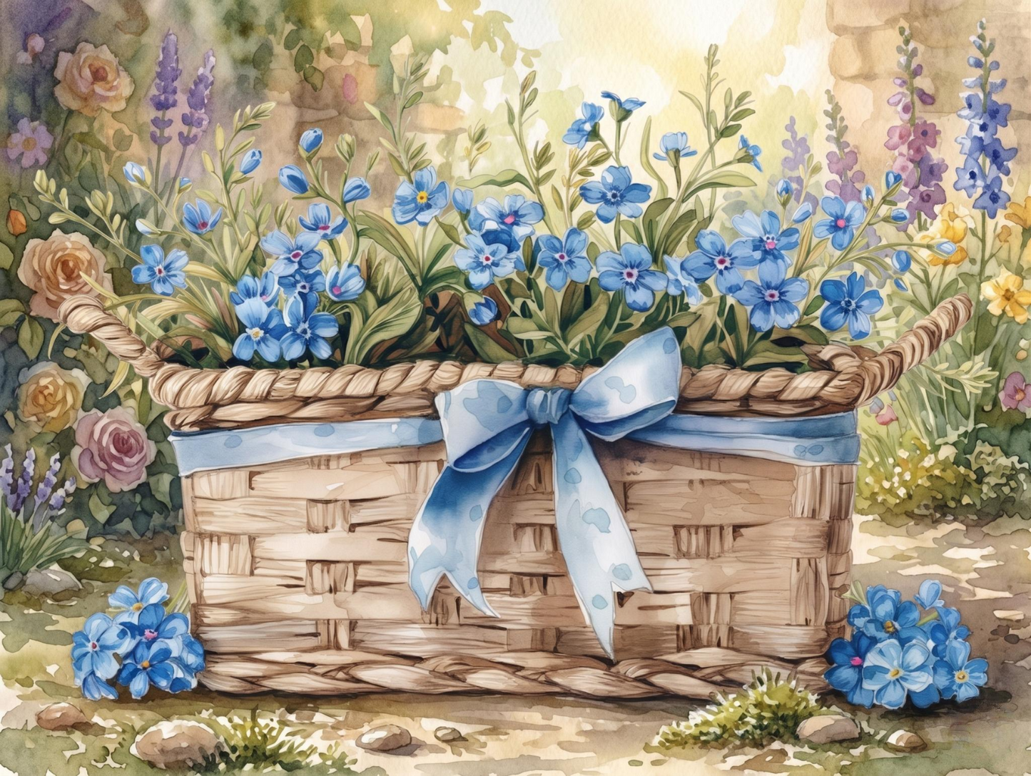Blue Bow Basket Blue Flowers Diamond Art Kit — diamond art kit canvas
