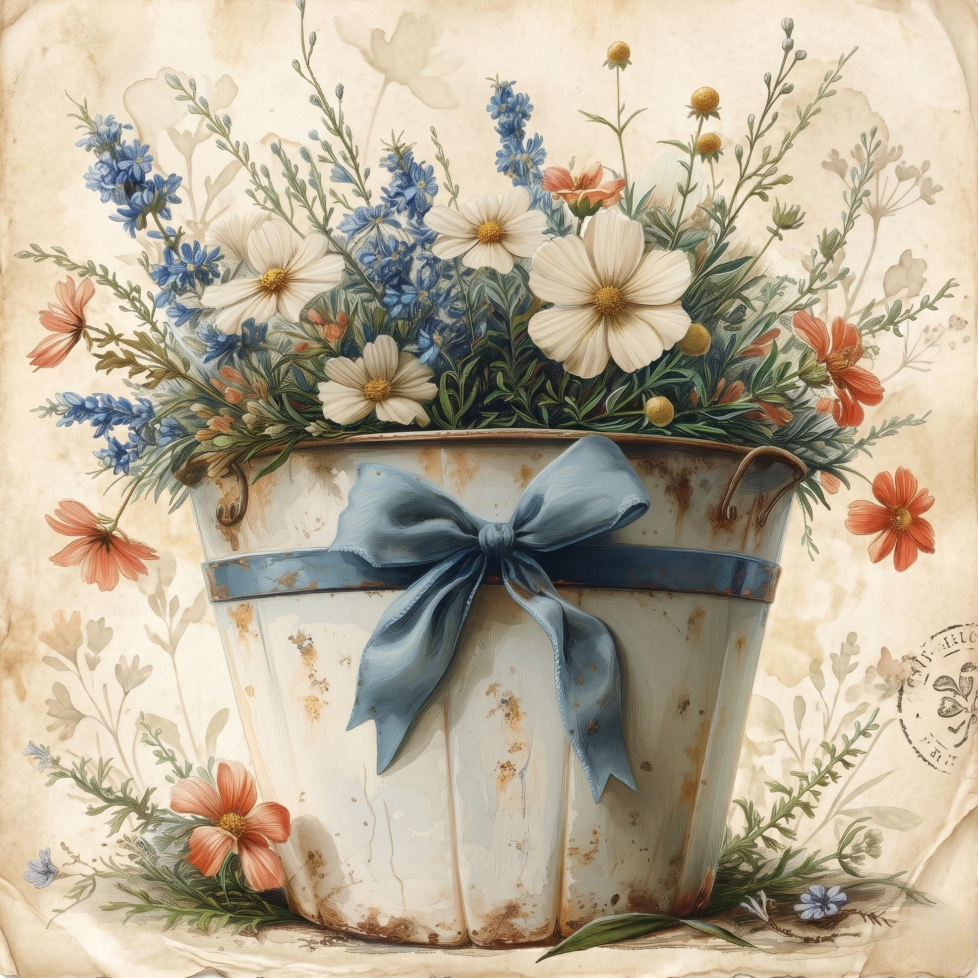 Blue Bow Bucket Of Flowers Diamond Art Kit