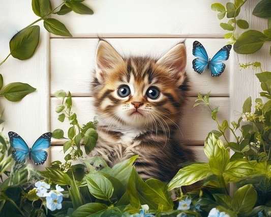 Blue Butterflies and Kitten Diamond Art Kit