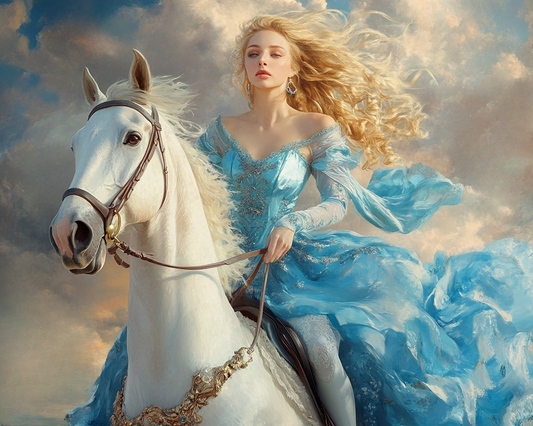 Blue Dress Woman and Horse Diamond Art Kit