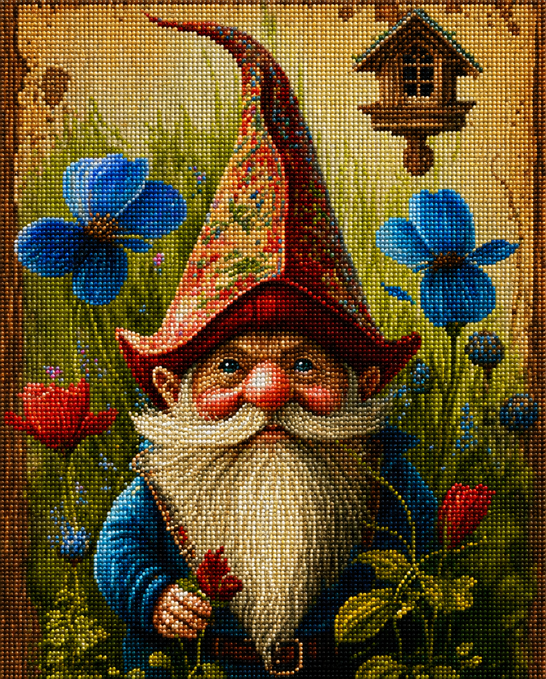 Blue Flower Brown Hat Gnome Diamond Art Kit