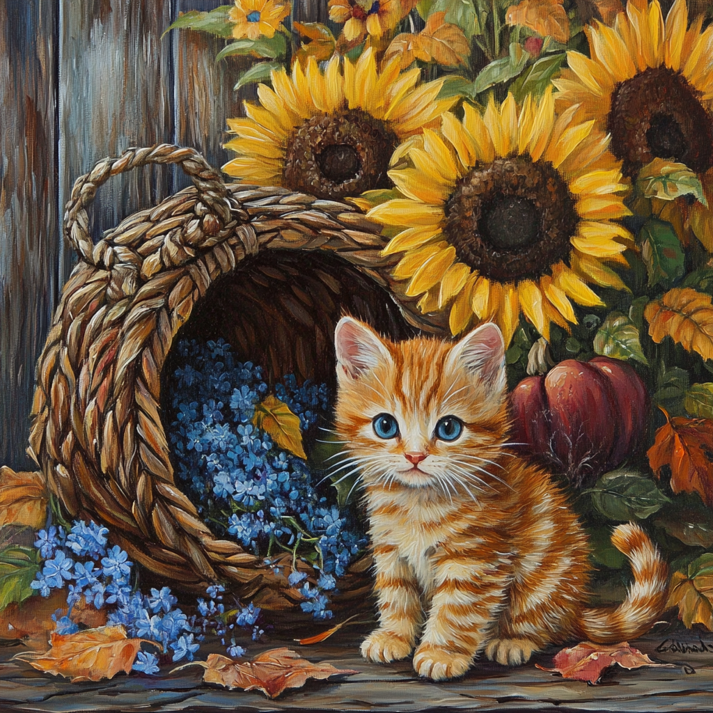 Blue Flower Basket Striped Kitten Diamond Art Kit