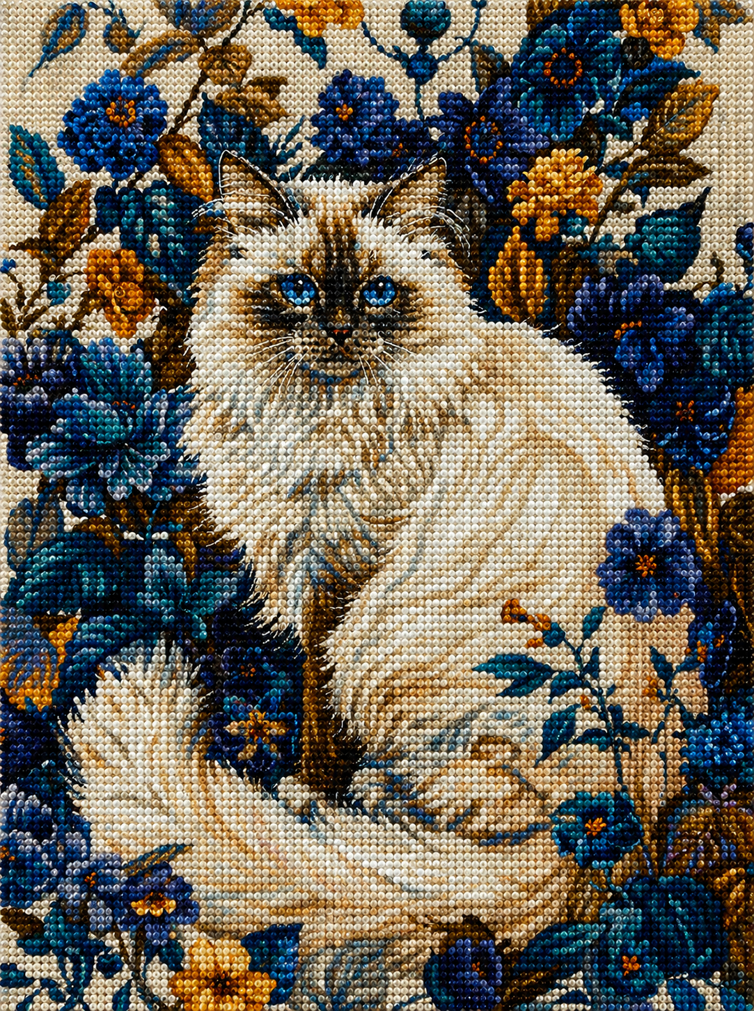 Blue Flowers And Cream Colored Cat Diamond Art Kit — diamond art kit canvas