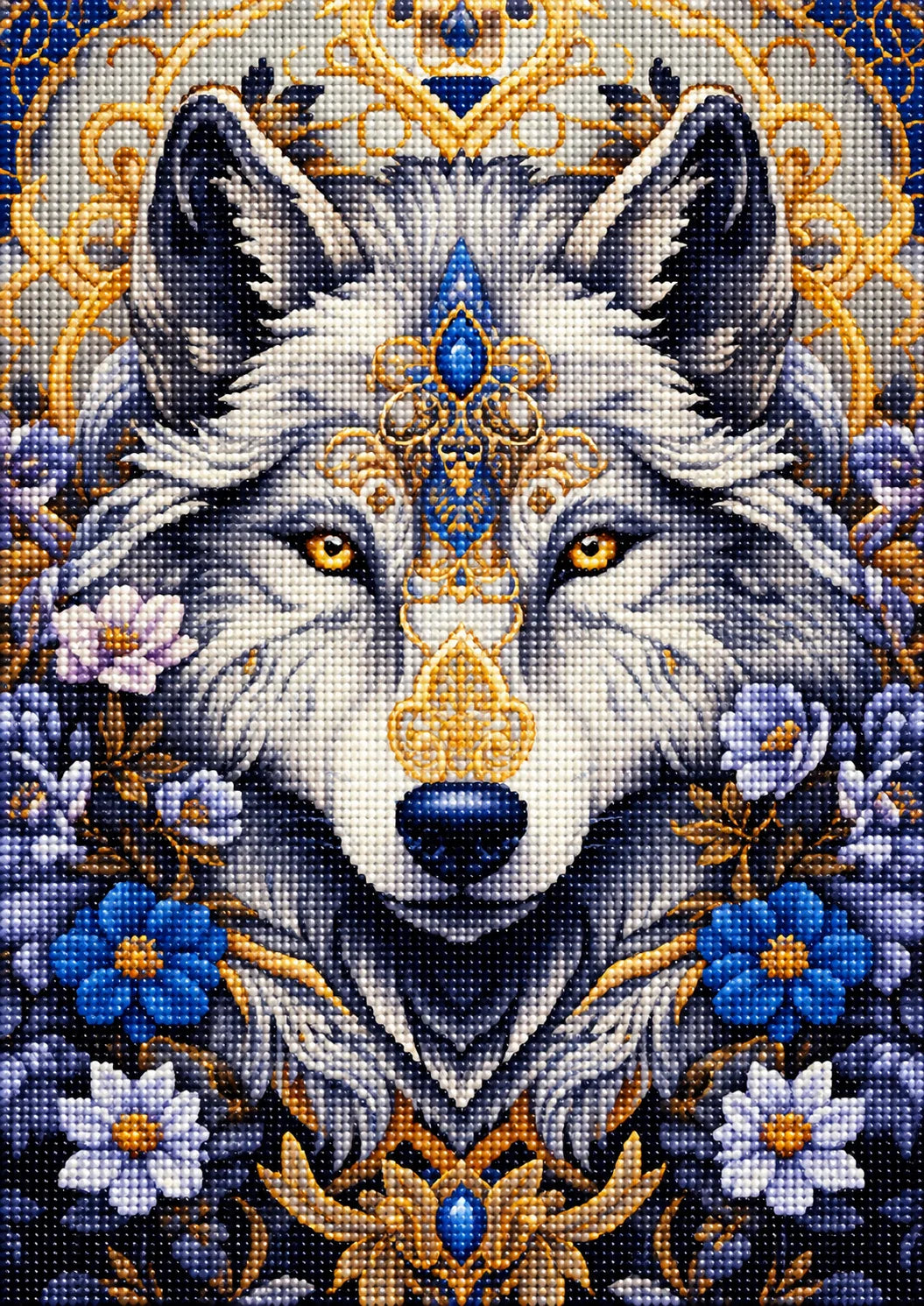 Blue Flower Wolf Diamond Art Kit