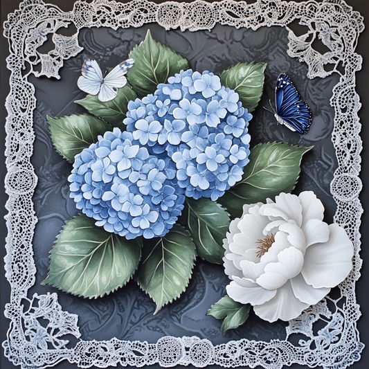 Blue Hydrangea, Peony, and Butterfly Diamond Art Kit