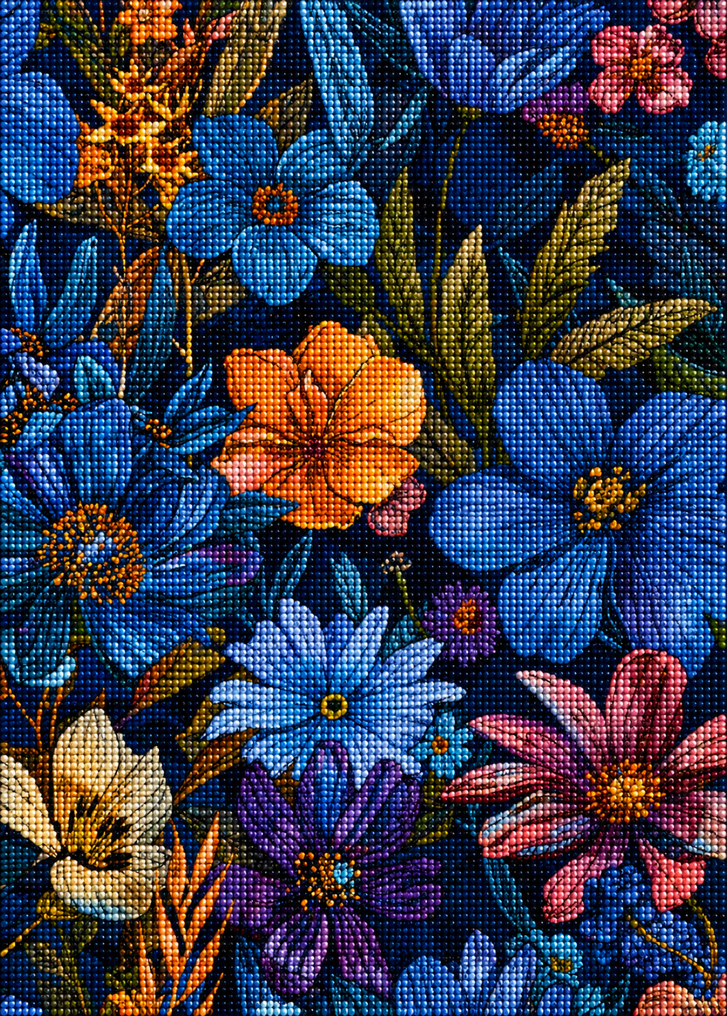 Blue, Orange And Pink Flowers Diamond Art Kit