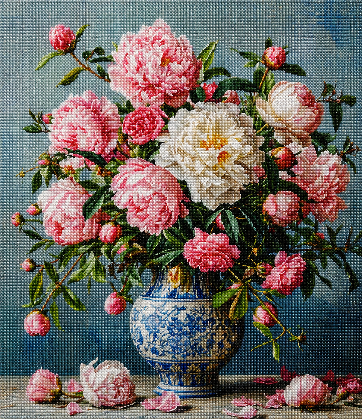 Blue Print Vase Of Pink Flowers Diamond Art Kit