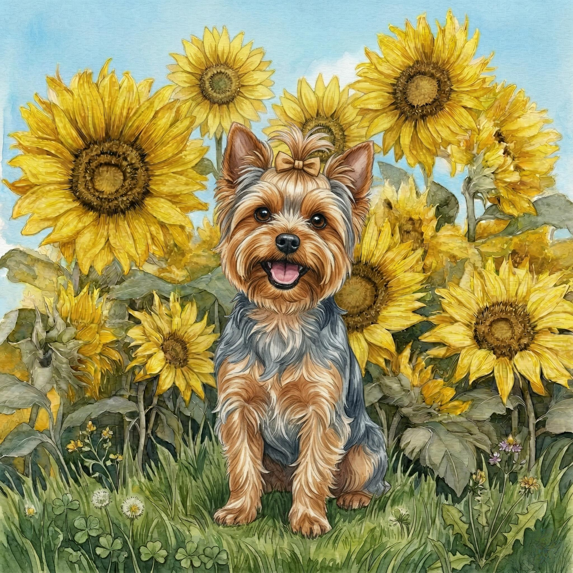 Blue Sky Yorkshire Terrier in Sunflowers Diamond Art Kit