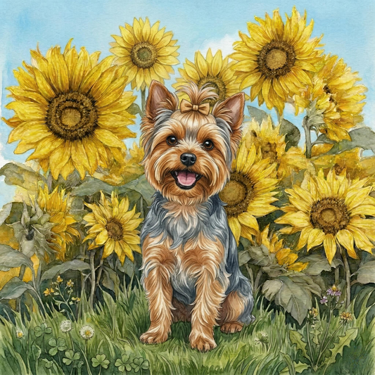 Blue Sky Yorkshire Terrier in Sunflowers Diamond Art Kit