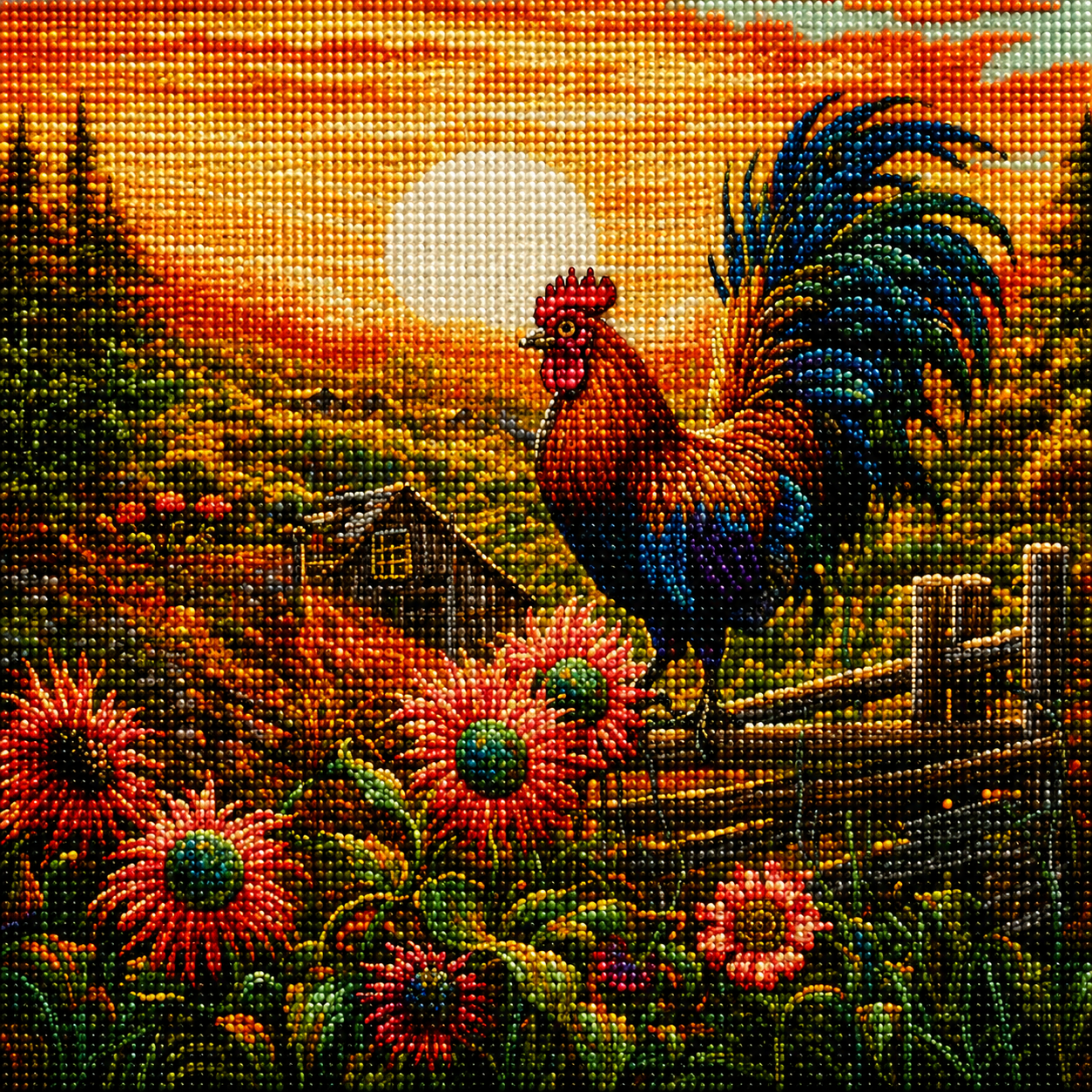 Blue Tail Rooster Sunrise Diamond Art Kit