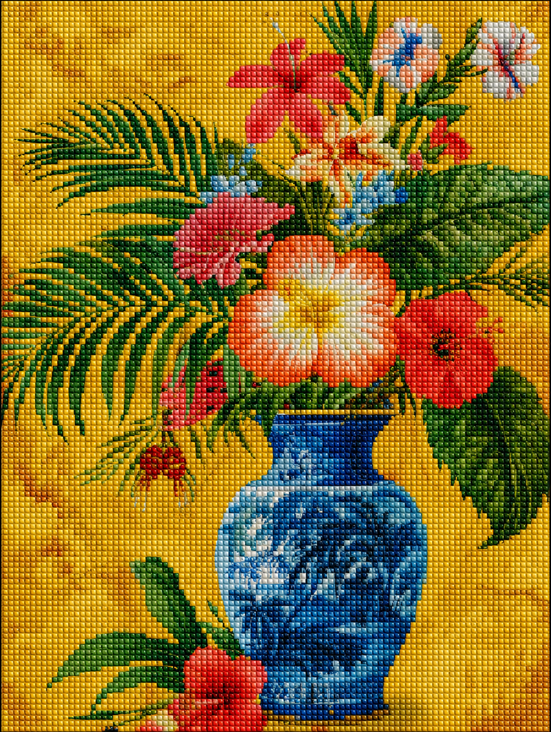 Blue Vase Of Tropical Flowers Diamond Art Kit