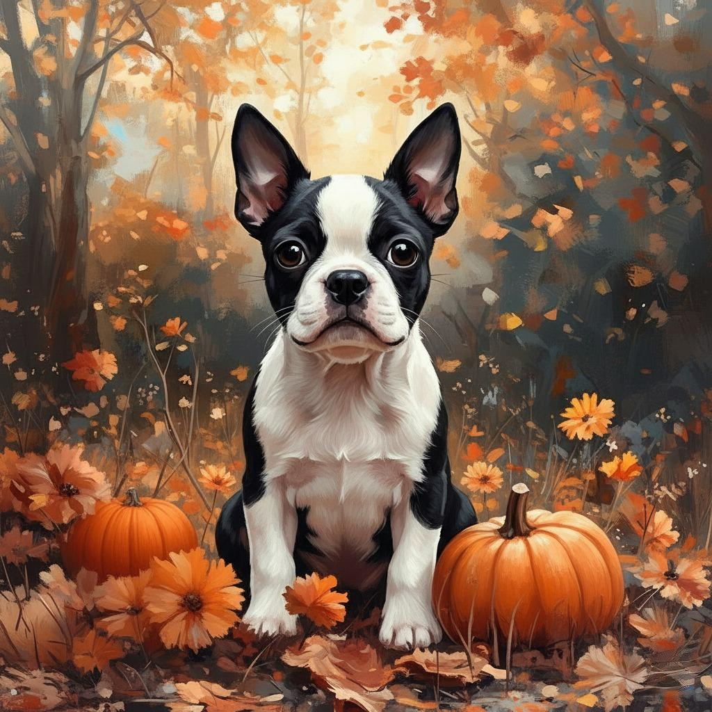 Boston Terrier in Pumpkins Diamond Art Kit