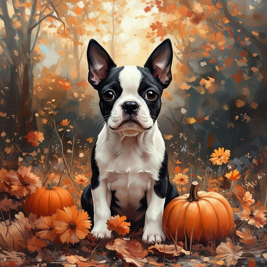 Boston Terrier in Pumpkins Diamond Art Kit