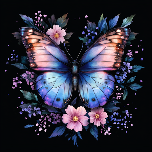 Bright Blue and Pink Butterfly and Flowers Diamond Art Kit