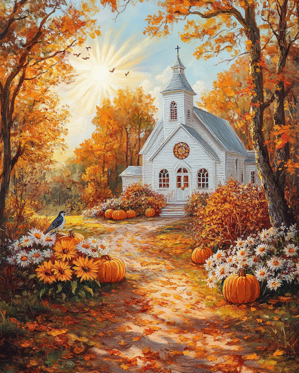 Bright Fall Day and White Church Diamond Art Kit