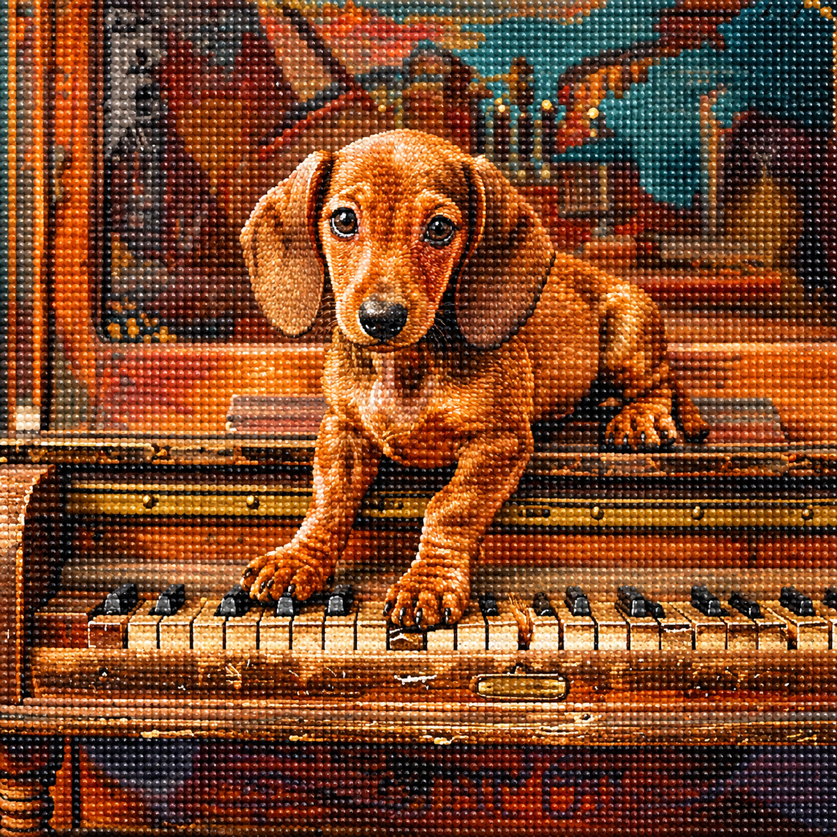 Brown Dachshund Puppy And Old Piano Diamond Art Kit