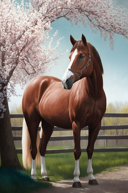 Brown Horse and Cherry Blossoms Diamond Art Kit