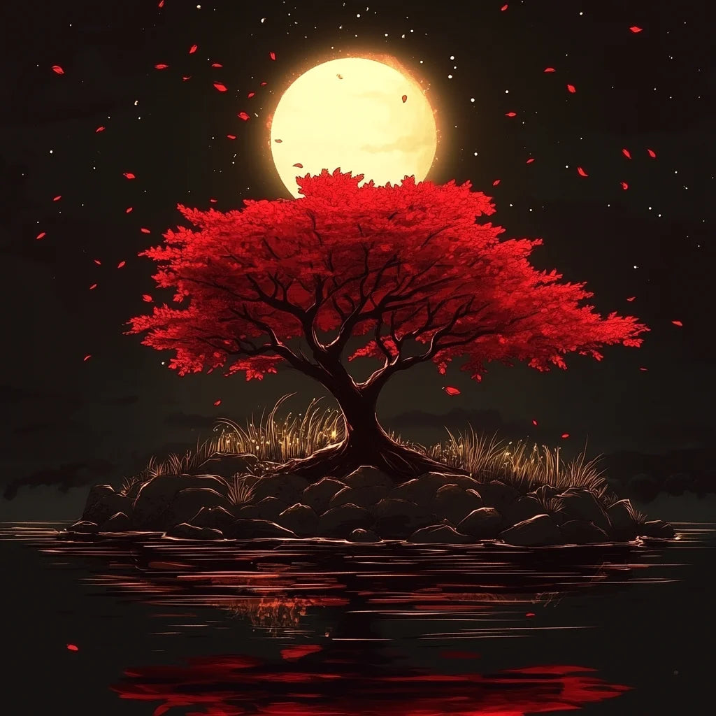 Glowing Full Moon Red Tree Diamond Art Kit