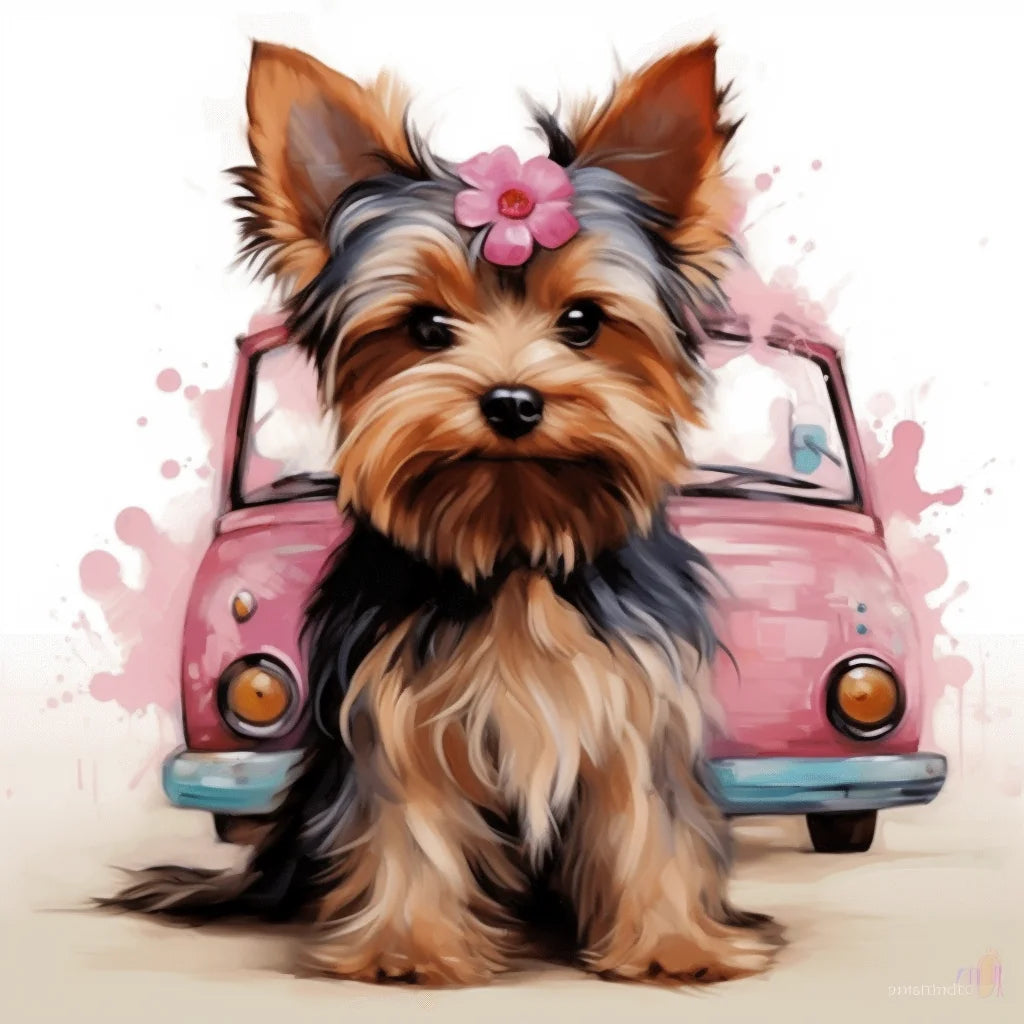 Pink Car Pink Flower Yorkie Diamond Art Kit