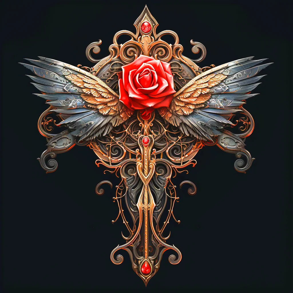Gold Grey Wing Rose Cross Diamond Art Kit