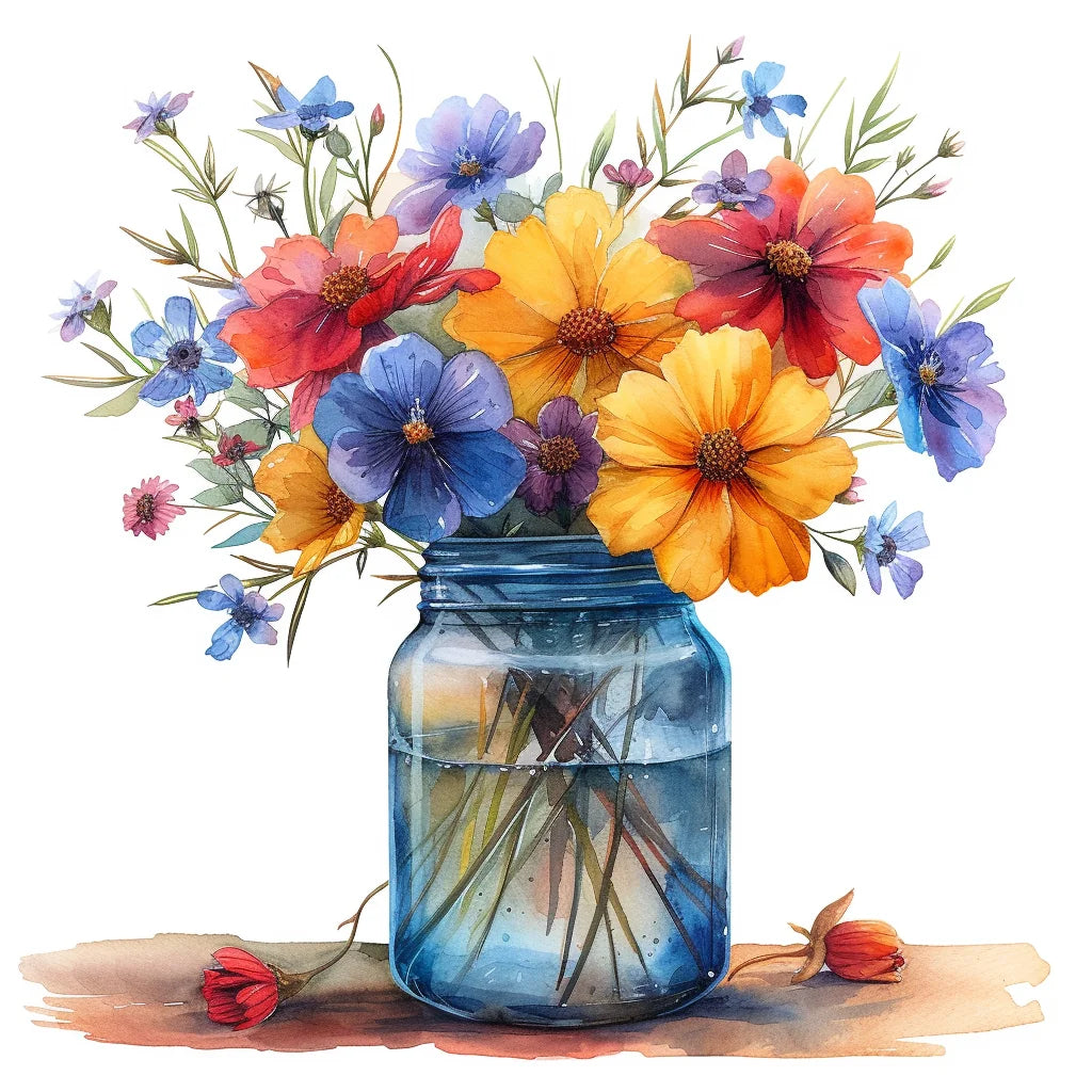 Jar Of Bright Flowers Watercolor Diamond Art Kit