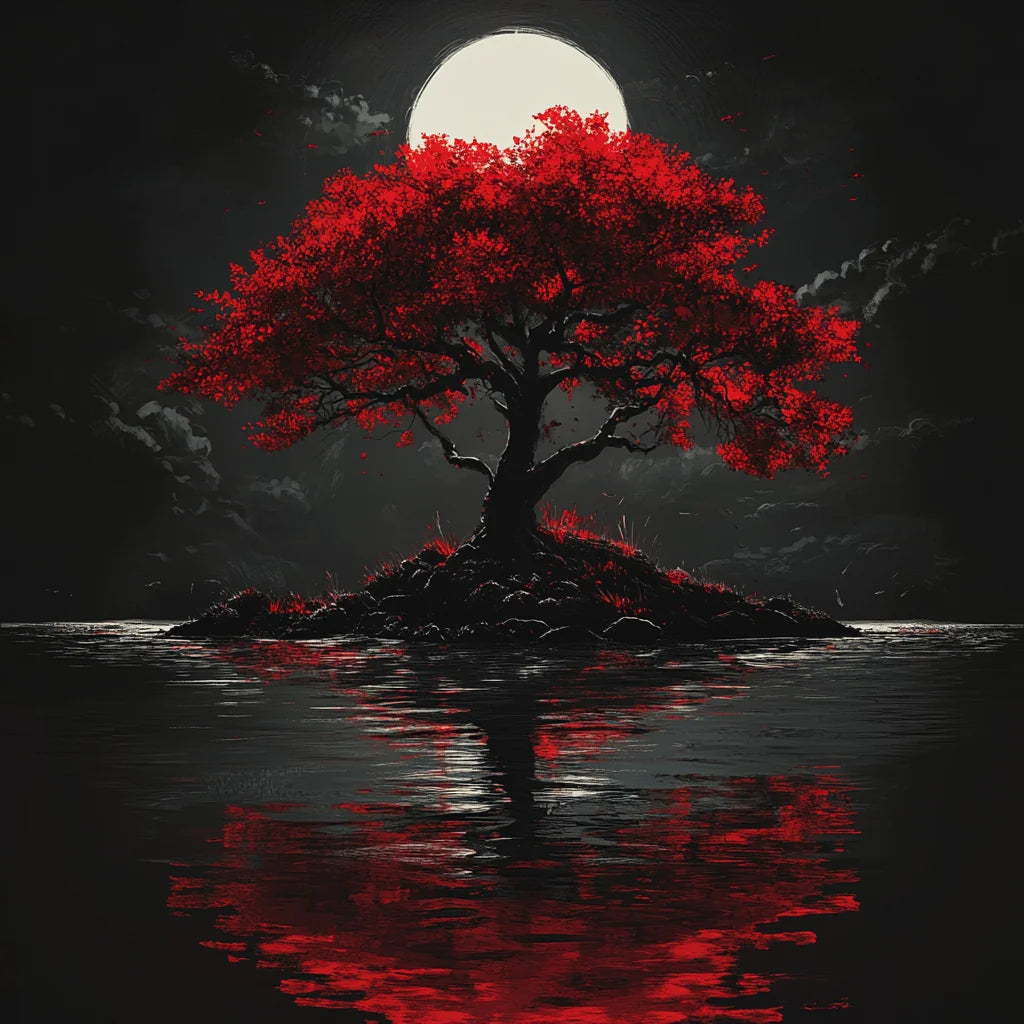 Full Moon Red Tree Reflection Diamond Art Kit