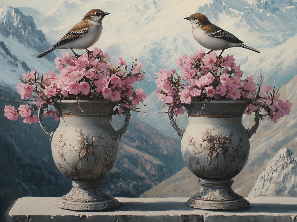 Two Birds Pink Flower In Vases Diamond Art Kit