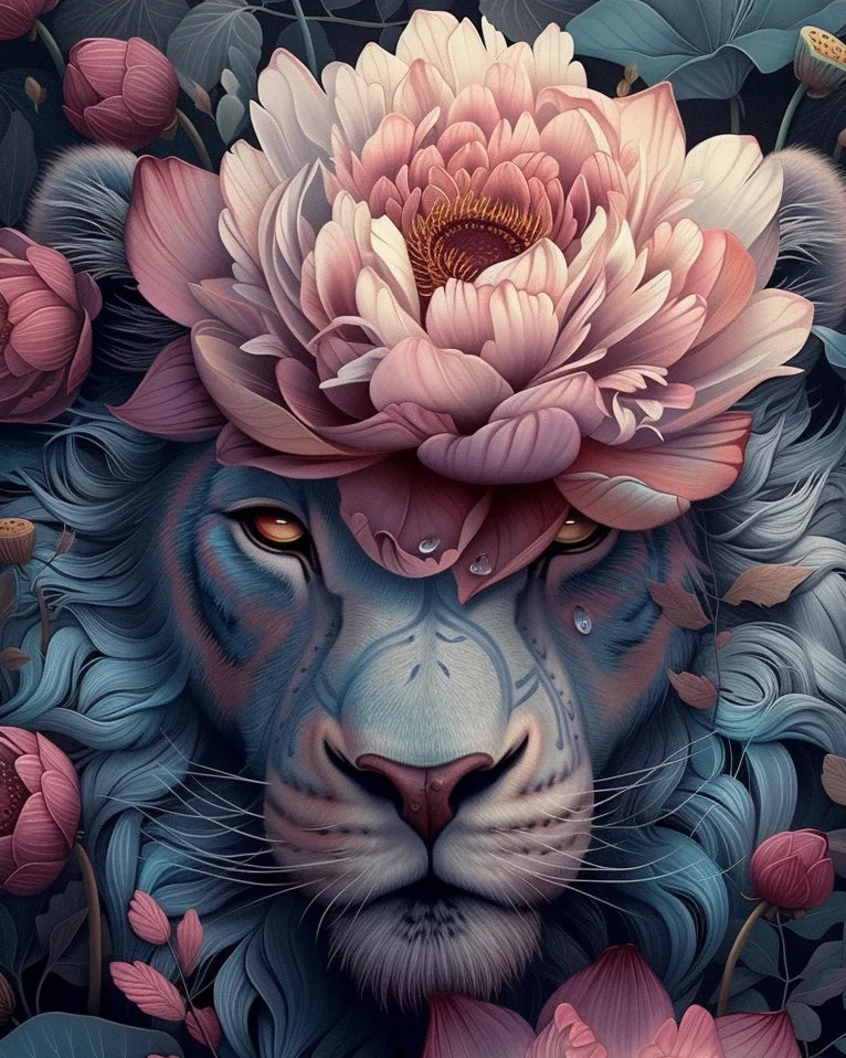 Pink Flower Lioness Diamond Art Kit