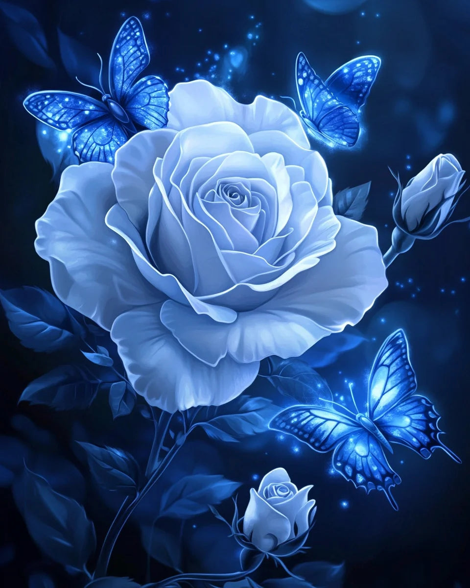 Blue Rose And Bud Blue Butterflies Diamond Art Kit
